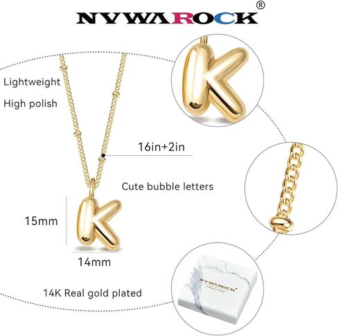 NVWAROCK قلادة حرف فقاعة صغيرة للنساء الفتيات بالون لذيذ القلائد الأولية 14K مطلية بالذهب لطيف اسم المختنق قلادة الأبجدية مكتنزة قلادة رقيقة in Kuwait