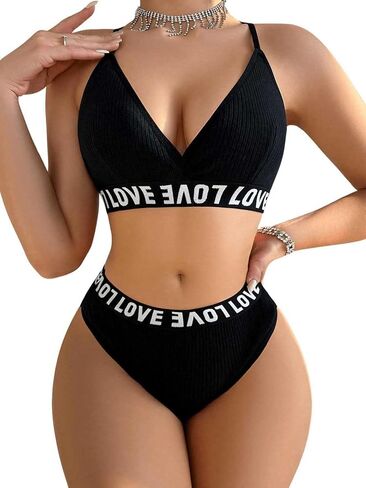SweatyRocks Women's 2 Piece Lingerie Set Letter Print V Neck Bra and Mid Rise Briefs Underwear Set in Saudi Arabia