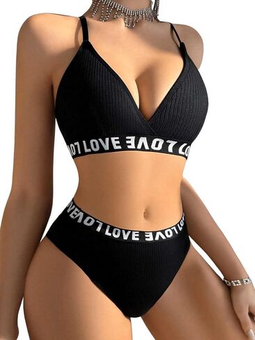 SweatyRocks Women's 2 Piece Lingerie Set Letter Print V Neck Bra and Mid Rise Briefs Underwear Set in Saudi Arabia