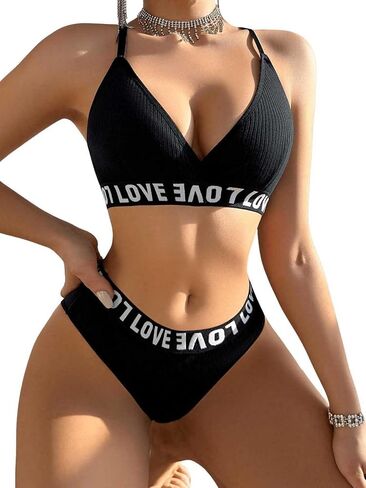 SweatyRocks Women's 2 Piece Lingerie Set Letter Print V Neck Bra and Mid Rise Briefs Underwear Set in Saudi Arabia