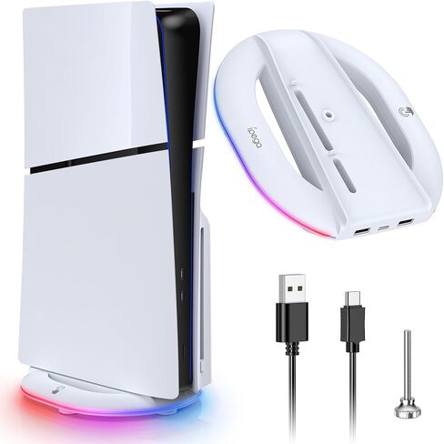 Auarte RGB Vertical Stand for PS5 Slim Disc & Digital Console, LED Vertical Stand for PS5 Slim Accessories with Anti-Slip Pad, Base Stand for PS5 Slim with Screw ＆ USB Cable, 2 Extra USB Ports in Kuwait