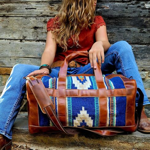 The Southwestern Antique Saddle Brown Leather Aztec Western Weekender Duffel Bag (Aspen) in Kuwait