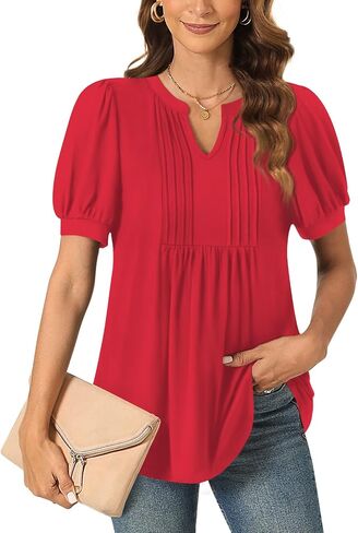 Anyally Womens 2024 Summer/Spring Dressy Casual Blouse Puff Short Sleeve Tunic Tops Pleated T-Shirts for Work in Saudi Arabia
