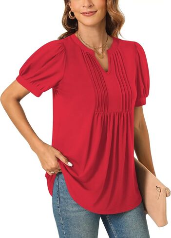 Anyally Womens 2024 Summer/Spring Dressy Casual Blouse Puff Short Sleeve Tunic Tops Pleated T-Shirts for Work in Saudi Arabia