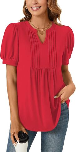 Anyally Womens 2024 Summer/Spring Dressy Casual Blouse Puff Short Sleeve Tunic Tops Pleated T-Shirts for Work in Saudi Arabia