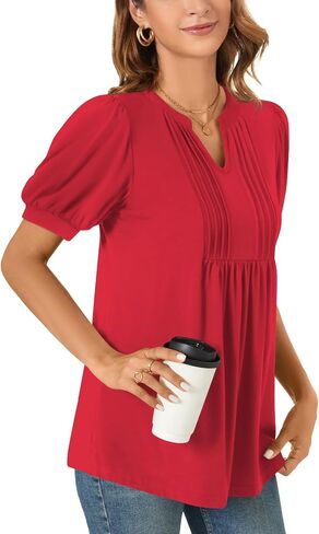 Anyally Womens 2024 Summer/Spring Dressy Casual Blouse Puff Short Sleeve Tunic Tops Pleated T-Shirts for Work in Saudi Arabia