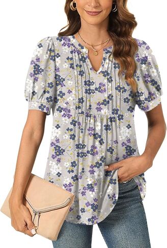 Anyally Womens 2024 Summer/Spring Dressy Casual Blouse Puff Short Sleeve Tunic Tops Pleated T-Shirts for Work in Saudi Arabia