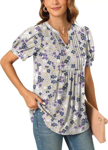 Anyally Womens 2024 Summer/Spring Dressy Casual Blouse Puff Short Sleeve Tunic Tops Pleated T-Shirts for Work in Saudi Arabia
