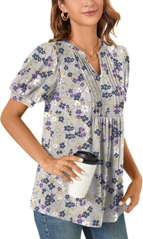 Anyally Womens 2024 Summer/Spring Dressy Casual Blouse Puff Short Sleeve Tunic Tops Pleated T-Shirts for Work in Saudi Arabia