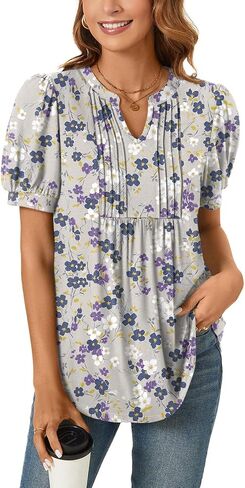 Anyally Womens 2024 Summer/Spring Dressy Casual Blouse Puff Short Sleeve Tunic Tops Pleated T-Shirts for Work in Saudi Arabia