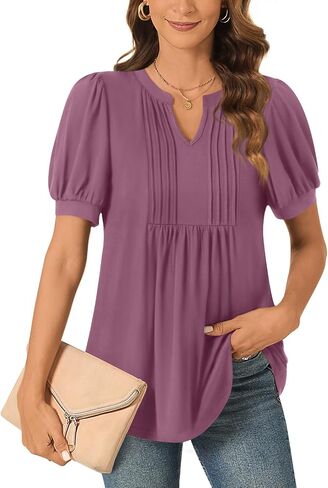 Anyally Womens 2024 Summer/Spring Dressy Casual Blouse Puff Short Sleeve Tunic Tops Pleated T-Shirts for Work in Saudi Arabia