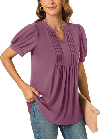 Anyally Womens 2024 Summer/Spring Dressy Casual Blouse Puff Short Sleeve Tunic Tops Pleated T-Shirts for Work in Saudi Arabia