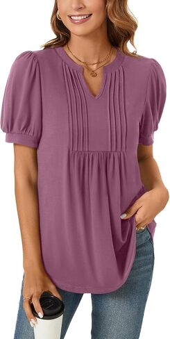 Anyally Womens 2024 Summer/Spring Dressy Casual Blouse Puff Short Sleeve Tunic Tops Pleated T-Shirts for Work in Saudi Arabia