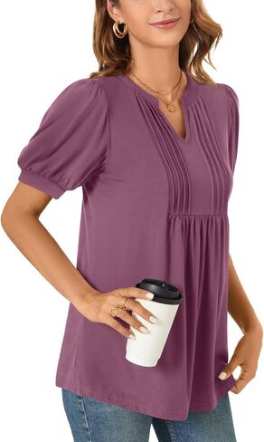 Anyally Womens 2024 Summer/Spring Dressy Casual Blouse Puff Short Sleeve Tunic Tops Pleated T-Shirts for Work in Saudi Arabia
