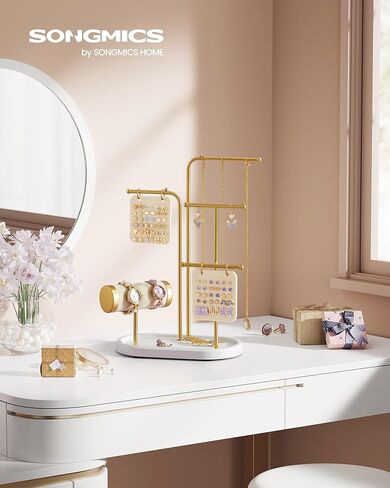 SONGMICS Jewelry Stand, Jewelry Organizer, Jewelry Display Holder Mother's Day Gifts, 2 Earring Boards, 4 Hanging Rods, Necklace Earring Bracelet Holder, for Watches, Metallic Gold UJJS025A01 in Saudi Arabia