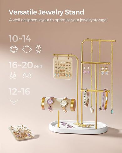 SONGMICS Jewelry Stand, Jewelry Organizer, Jewelry Display Holder Mother's Day Gifts, 2 Earring Boards, 4 Hanging Rods, Necklace Earring Bracelet Holder, for Watches, Metallic Gold UJJS025A01 in Saudi Arabia