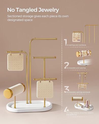 SONGMICS Jewelry Stand, Jewelry Organizer, Jewelry Display Holder Mother's Day Gifts, 2 Earring Boards, 4 Hanging Rods, Necklace Earring Bracelet Holder, for Watches, Metallic Gold UJJS025A01 in Saudi Arabia
