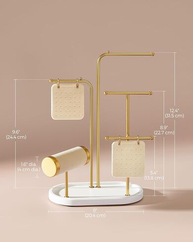 SONGMICS Jewelry Stand, Jewelry Organizer, Jewelry Display Holder Mother's Day Gifts, 2 Earring Boards, 4 Hanging Rods, Necklace Earring Bracelet Holder, for Watches, Metallic Gold UJJS025A01 in Saudi Arabia