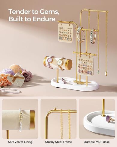SONGMICS Jewelry Stand, Jewelry Organizer, Jewelry Display Holder Mother's Day Gifts, 2 Earring Boards, 4 Hanging Rods, Necklace Earring Bracelet Holder, for Watches, Metallic Gold UJJS025A01 in Saudi Arabia