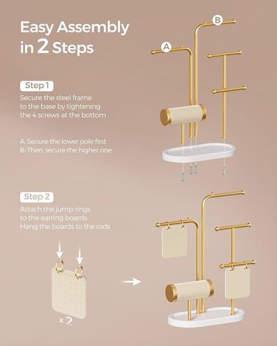 SONGMICS Jewelry Stand, Jewelry Organizer, Jewelry Display Holder Mother's Day Gifts, 2 Earring Boards, 4 Hanging Rods, Necklace Earring Bracelet Holder, for Watches, Metallic Gold UJJS025A01 in Saudi Arabia