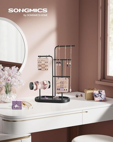SONGMICS Jewelry Stand, Jewelry Organizer, Jewelry Display Holder Mother's Day Gifts, 2 Earring Boards, 4 Hanging Rods, Necklace Earring Bracelet Holder, for Watches, Metallic Gold UJJS025A01 in Saudi Arabia