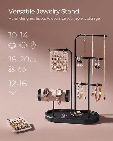 SONGMICS Jewelry Stand, Jewelry Organizer, Jewelry Display Holder Mother's Day Gifts, 2 Earring Boards, 4 Hanging Rods, Necklace Earring Bracelet Holder, for Watches, Metallic Gold UJJS025A01 in Saudi Arabia