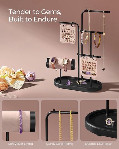 SONGMICS Jewelry Stand, Jewelry Organizer, Jewelry Display Holder Mother's Day Gifts, 2 Earring Boards, 4 Hanging Rods, Necklace Earring Bracelet Holder, for Watches, Metallic Gold UJJS025A01 in Saudi Arabia