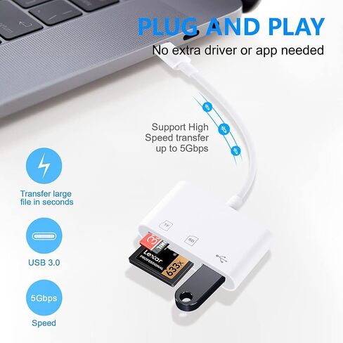 USB C SD Card Reader for iPhone, Memory Card Reader with USB Camera Adapter Plug and Play Trail Game Camera SD Card Viewer Supports SD and TF Card Micro SD Card Adapter for iPad No App Required in Saudi Arabia