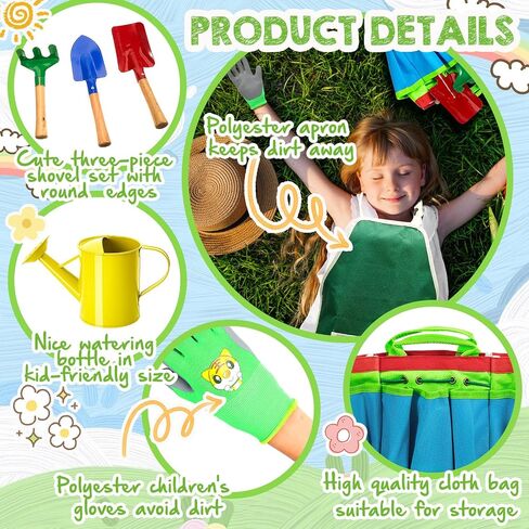 Wettarn 42 Pcs Gardening Tools for Kids Children Garden Set Mini Gardening Kit Toddler Gardening Tool Set Including Watering Can Garden Glove Apron Safe Shovel Rake Fork Handbag for Spring and Summer in Saudi Arabia