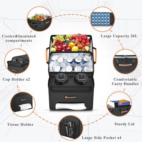 Car Seat Organizer-Car Organizers and Storage with Cooler Compartment, Car Organizer Front Back Seat for Kids, Car Storage Organizer with Lid Cup Holder Tissue Holder for Road Trips (Black) in Kuwait