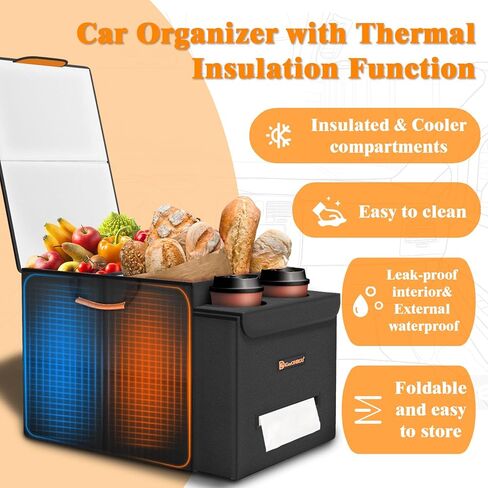 Car Seat Organizer-Car Organizers and Storage with Cooler Compartment, Car Organizer Front Back Seat for Kids, Car Storage Organizer with Lid Cup Holder Tissue Holder for Road Trips (Black) in Kuwait