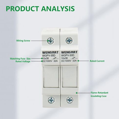 Wengart Solar Fuse Holder WGPV-30D,DC1000V 35mmDIN Rail Mount Fuse Holder for Fuse 10x38mm gPV Up to 32A,18 to 8 AWG (2 Pole) in Saudi Arabia