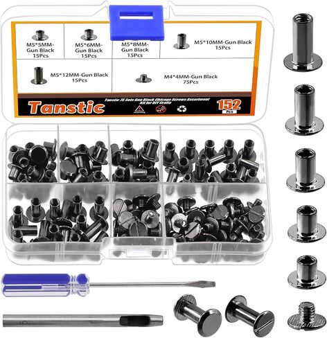 Mardatt 152Pcs 5 Sizes Chicago Screws with Punch and Screwdriver, M5 x 5/6/8/10/12MM Carbon Steel Chicago Rivets M5 Chicago Binding Screws Flat Head Leather Rivets for DIY Leather Repair(Gold) in Saudi Arabia