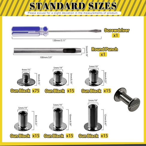 Mardatt 152Pcs 5 Sizes Chicago Screws with Punch and Screwdriver, M5 x 5/6/8/10/12MM Carbon Steel Chicago Rivets M5 Chicago Binding Screws Flat Head Leather Rivets for DIY Leather Repair(Gold) in Saudi Arabia