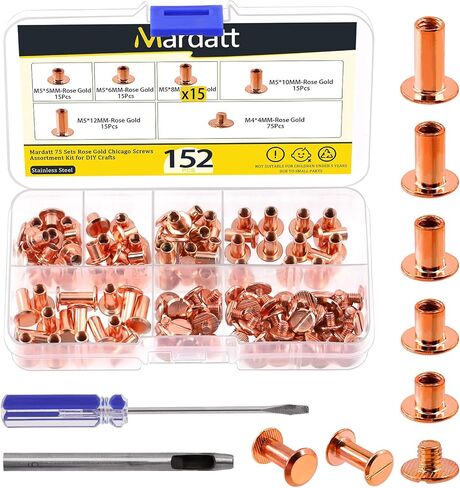 Mardatt 152Pcs 5 Sizes Chicago Screws with Punch and Screwdriver, M5 x 5/6/8/10/12MM Carbon Steel Chicago Rivets M5 Chicago Binding Screws Flat Head Leather Rivets for DIY Leather Repair(Gold) in Saudi Arabia