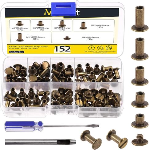 Mardatt 152Pcs 5 Sizes Chicago Screws with Punch and Screwdriver, M5 x 5/6/8/10/12MM Carbon Steel Chicago Rivets M5 Chicago Binding Screws Flat Head Leather Rivets for DIY Leather Repair(Gold) in Kuwait