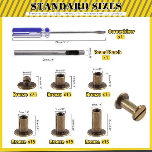Mardatt 152Pcs 5 Sizes Chicago Screws with Punch and Screwdriver, M5 x 5/6/8/10/12MM Carbon Steel Chicago Rivets M5 Chicago Binding Screws Flat Head Leather Rivets for DIY Leather Repair(Gold) in Kuwait