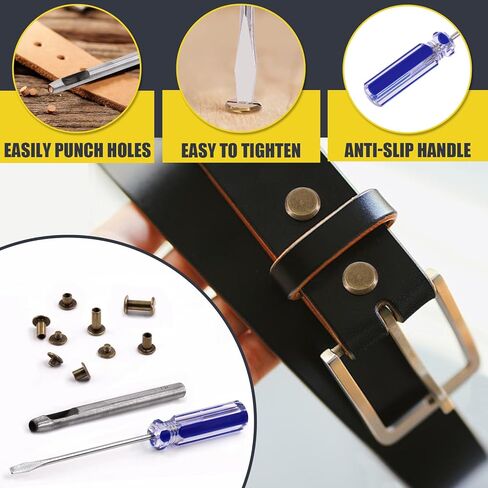 Mardatt 152Pcs 5 Sizes Chicago Screws with Punch and Screwdriver, M5 x 5/6/8/10/12MM Carbon Steel Chicago Rivets M5 Chicago Binding Screws Flat Head Leather Rivets for DIY Leather Repair(Gold) in Kuwait