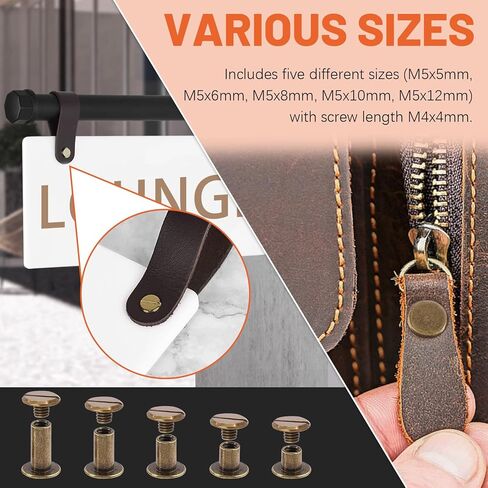 Mardatt 152Pcs 5 Sizes Chicago Screws with Punch and Screwdriver, M5 x 5/6/8/10/12MM Carbon Steel Chicago Rivets M5 Chicago Binding Screws Flat Head Leather Rivets for DIY Leather Repair(Gold) in Kuwait