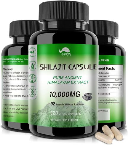 كبسولات شيلاجيت الهيمالايا النقية المصنوعة من مسحوق شيلاجيت النقي والعضوي، وحمض الدبالية والفولفيك الطبيعي والمعادن النزرة، تدعم إنتاج الطاقة ووظيفة الميتوكوندريا (120 كبسولة نباتية) in Kuwait