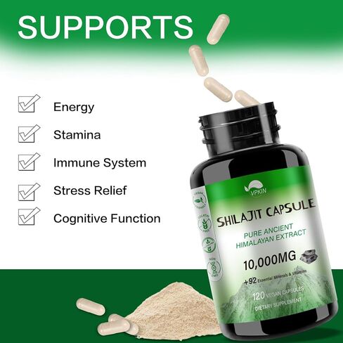 كبسولات شيلاجيت الهيمالايا النقية المصنوعة من مسحوق شيلاجيت النقي والعضوي، وحمض الدبالية والفولفيك الطبيعي والمعادن النزرة، تدعم إنتاج الطاقة ووظيفة الميتوكوندريا (120 كبسولة نباتية) in Kuwait