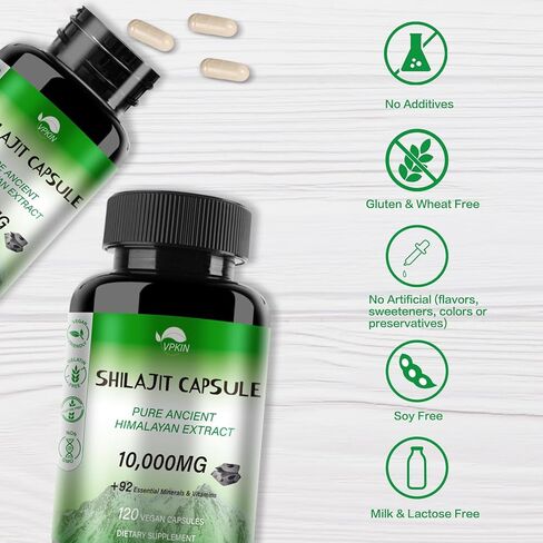 كبسولات شيلاجيت الهيمالايا النقية المصنوعة من مسحوق شيلاجيت النقي والعضوي، وحمض الدبالية والفولفيك الطبيعي والمعادن النزرة، تدعم إنتاج الطاقة ووظيفة الميتوكوندريا (120 كبسولة نباتية) in Kuwait