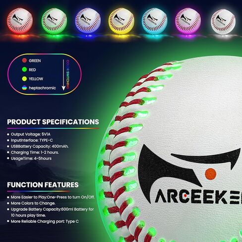 ARCEEKER Light Up Baseball Glow in The Dark, LED Toy Baseballs Glowing with 7 Changing Colors for Nighttime Baseball Game Play, Ideal Baseball Gift for Boys Girls Baseball Fans Playing in Saudi Arabia