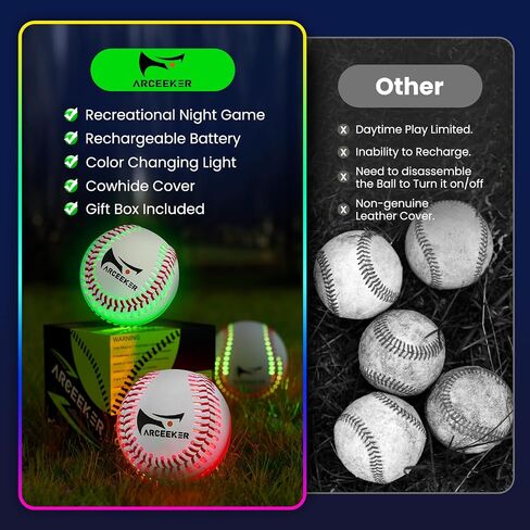 ARCEEKER Light Up Baseball Glow in The Dark, LED Toy Baseballs Glowing with 7 Changing Colors for Nighttime Baseball Game Play, Ideal Baseball Gift for Boys Girls Baseball Fans Playing in Saudi Arabia