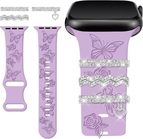 Watbro Floral Engraved Band and Decorative Rings Loops Compatible with Apple Watch Bands 40mm for Women 38mm 41mm, Soft Silicone Sport Band With Decorative Apple Watch Charms for iWatch Series 9 8 7 6 5 4 3 2 1 SE in Saudi Arabia