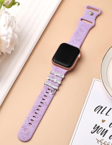 Watbro Floral Engraved Band and Decorative Rings Loops Compatible with Apple Watch Bands 40mm for Women 38mm 41mm, Soft Silicone Sport Band With Decorative Apple Watch Charms for iWatch Series 9 8 7 6 5 4 3 2 1 SE in Saudi Arabia