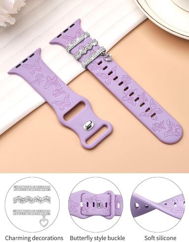 Watbro Floral Engraved Band and Decorative Rings Loops Compatible with Apple Watch Bands 40mm for Women 38mm 41mm, Soft Silicone Sport Band With Decorative Apple Watch Charms for iWatch Series 9 8 7 6 5 4 3 2 1 SE in Saudi Arabia
