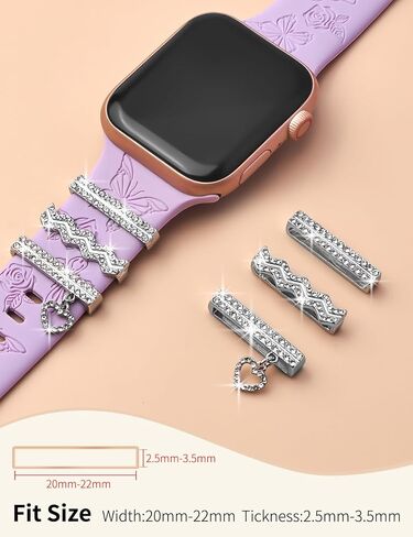 Watbro Floral Engraved Band and Decorative Rings Loops Compatible with Apple Watch Bands 40mm for Women 38mm 41mm, Soft Silicone Sport Band With Decorative Apple Watch Charms for iWatch Series 9 8 7 6 5 4 3 2 1 SE in Saudi Arabia
