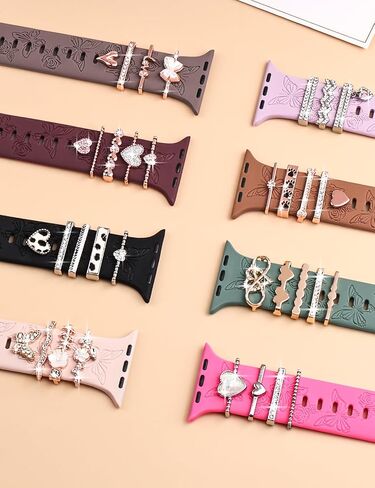 Watbro Floral Engraved Band and Decorative Rings Loops Compatible with Apple Watch Bands 40mm for Women 38mm 41mm, Soft Silicone Sport Band With Decorative Apple Watch Charms for iWatch Series 9 8 7 6 5 4 3 2 1 SE in Saudi Arabia
