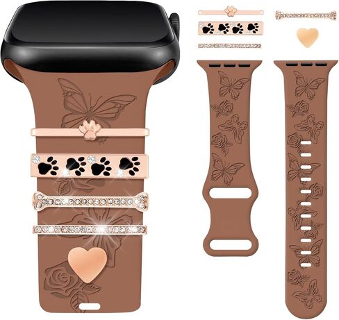 Watbro Floral Engraved Band and Decorative Rings Loops Compatible with Apple Watch Bands 40mm for Women 38mm 41mm, Soft Silicone Sport Band With Decorative Apple Watch Charms for iWatch Series 9 8 7 6 5 4 3 2 1 SE in Saudi Arabia